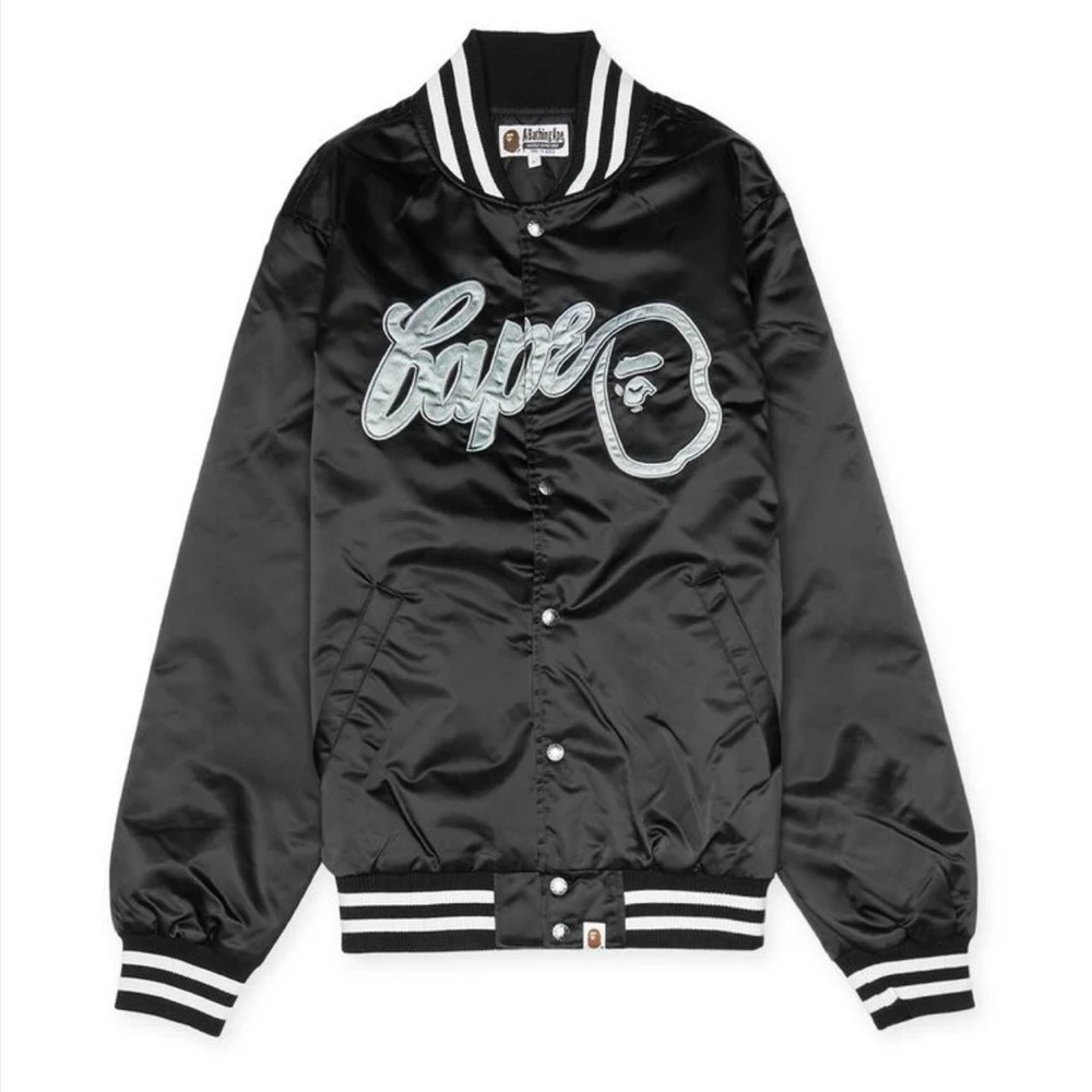 Bape Black Bomber Varsity Jacket Satin